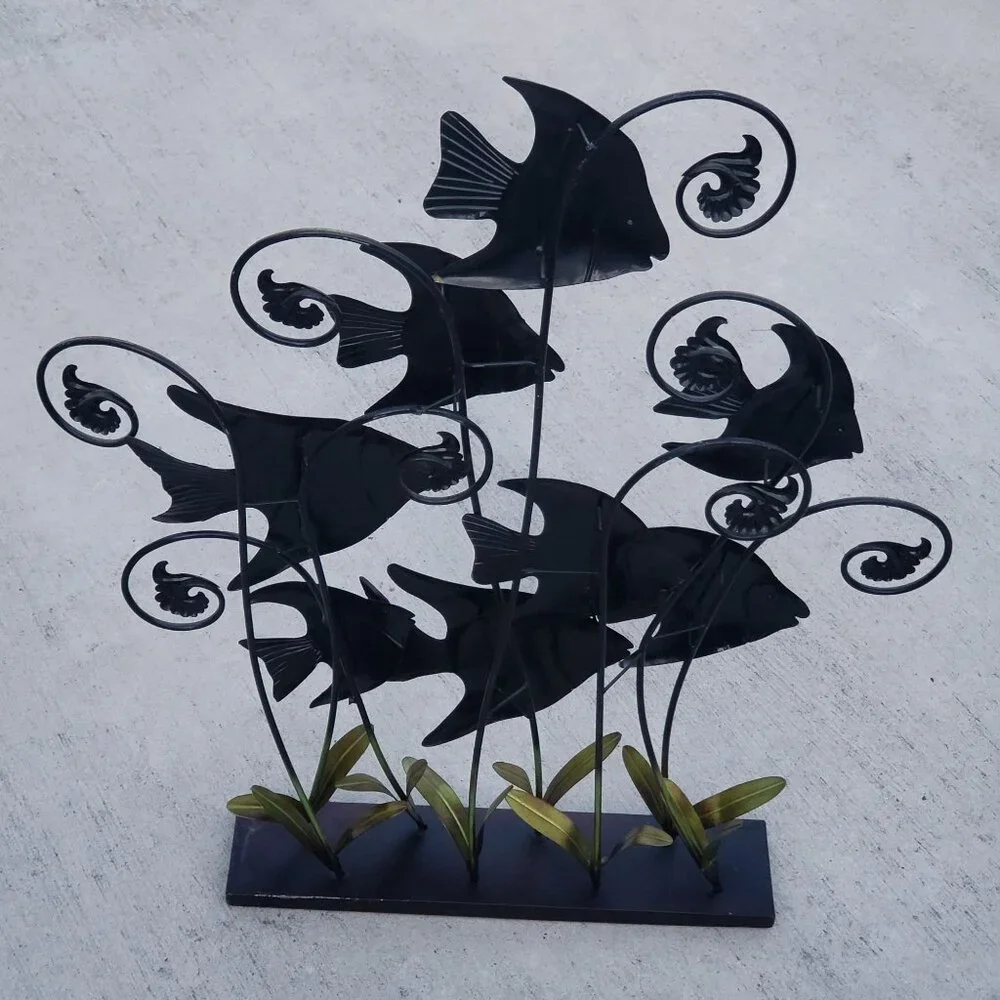 Metal Angel Fish Sculpture Standing Decor Banded Angelfish